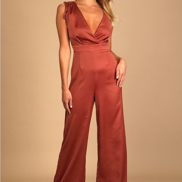 Lulu’s Look of Luxe Rusty Rose Satin Asymmetrical Wide-Leg Jumpsuit - Picture 2 of 7
